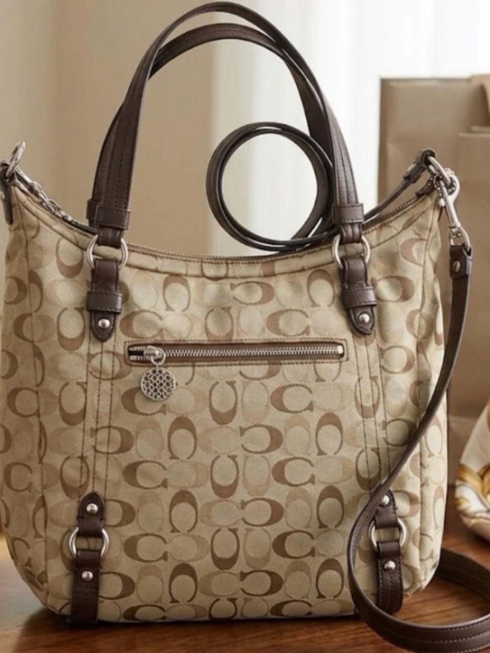 Coach Beige Signature Canvas Shoulder Bag with Dark Brown Trim